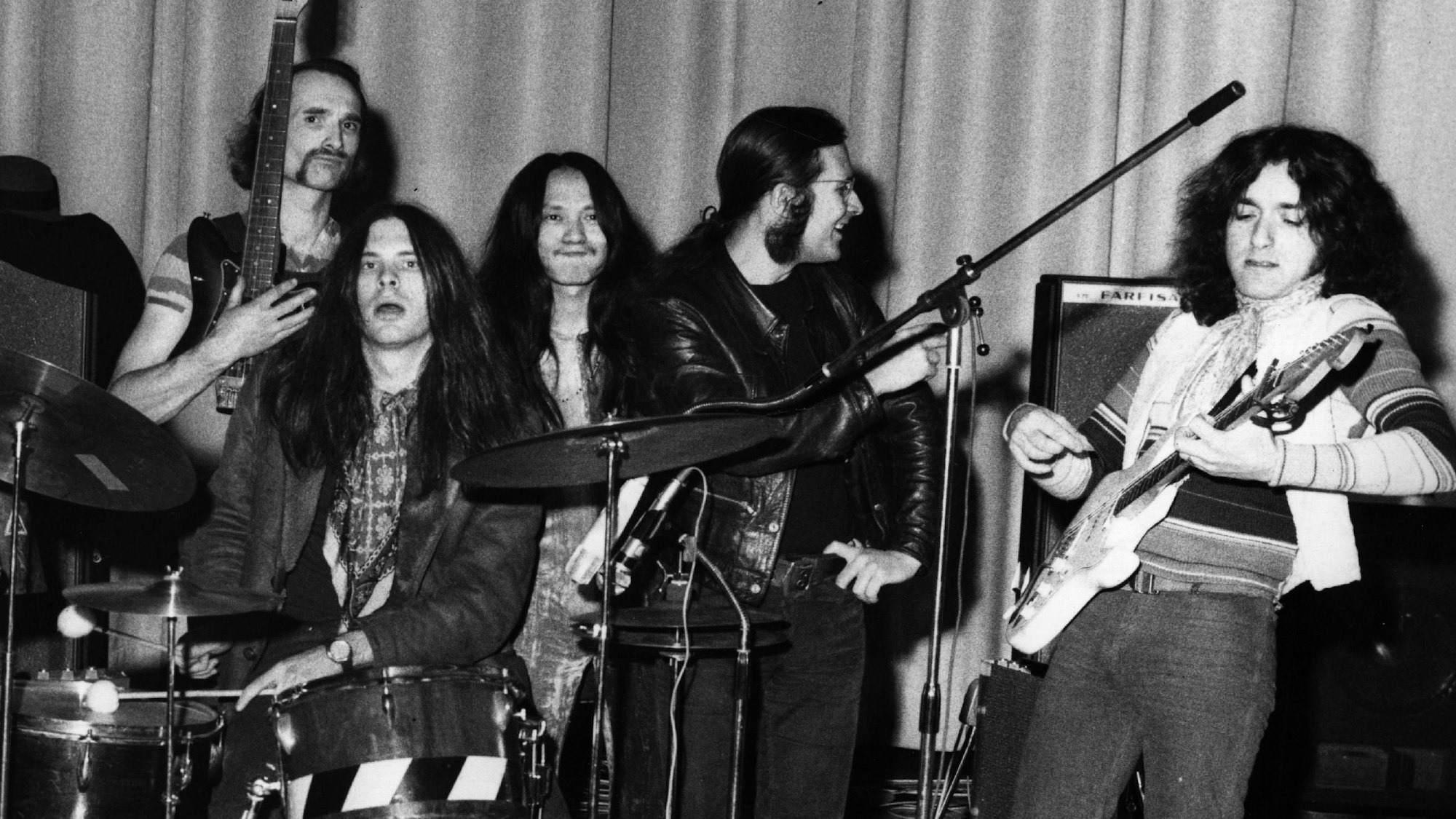 German experimental rock group Can, from left to right; Holger Czukay, Michael Karoli, Damo Suzuki, Irmin Schmidt and Jaki Liebezeit, during the 'Tago Mago' period. (Photo by Keystone/Getty Images)