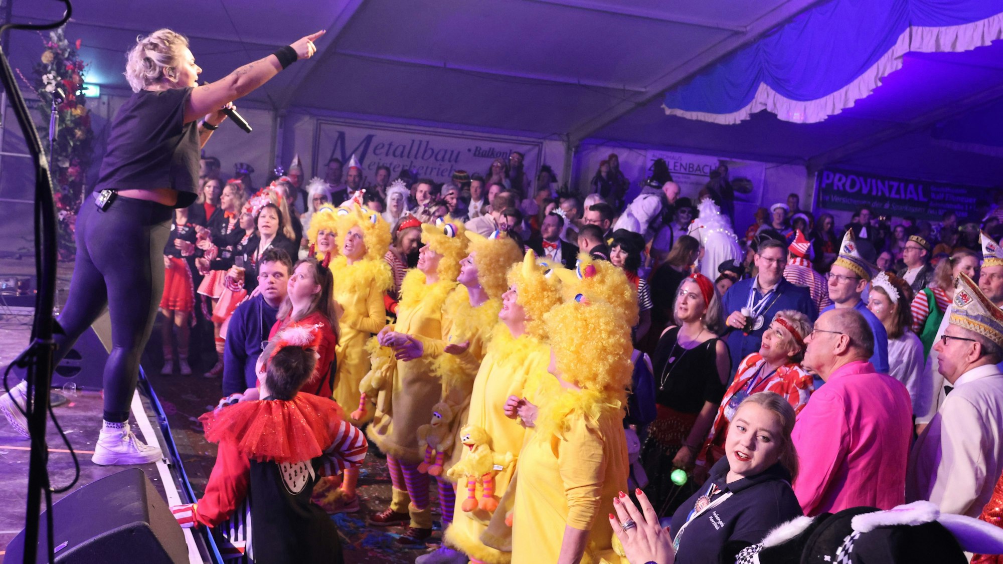 Eine Frau steht auf der Bühne, singt in ein Mikrofon und animiert das Publikum mitzusingen.