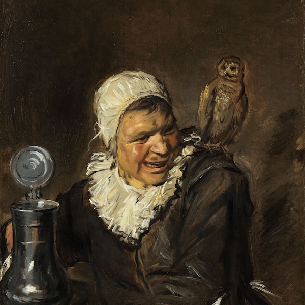 Eine betrunkene Frau hält einen Bierkrug in der Hand, auf ihrer Schulter sitzt eine Eule als Zeichen ihrer „Verrücktheit“.