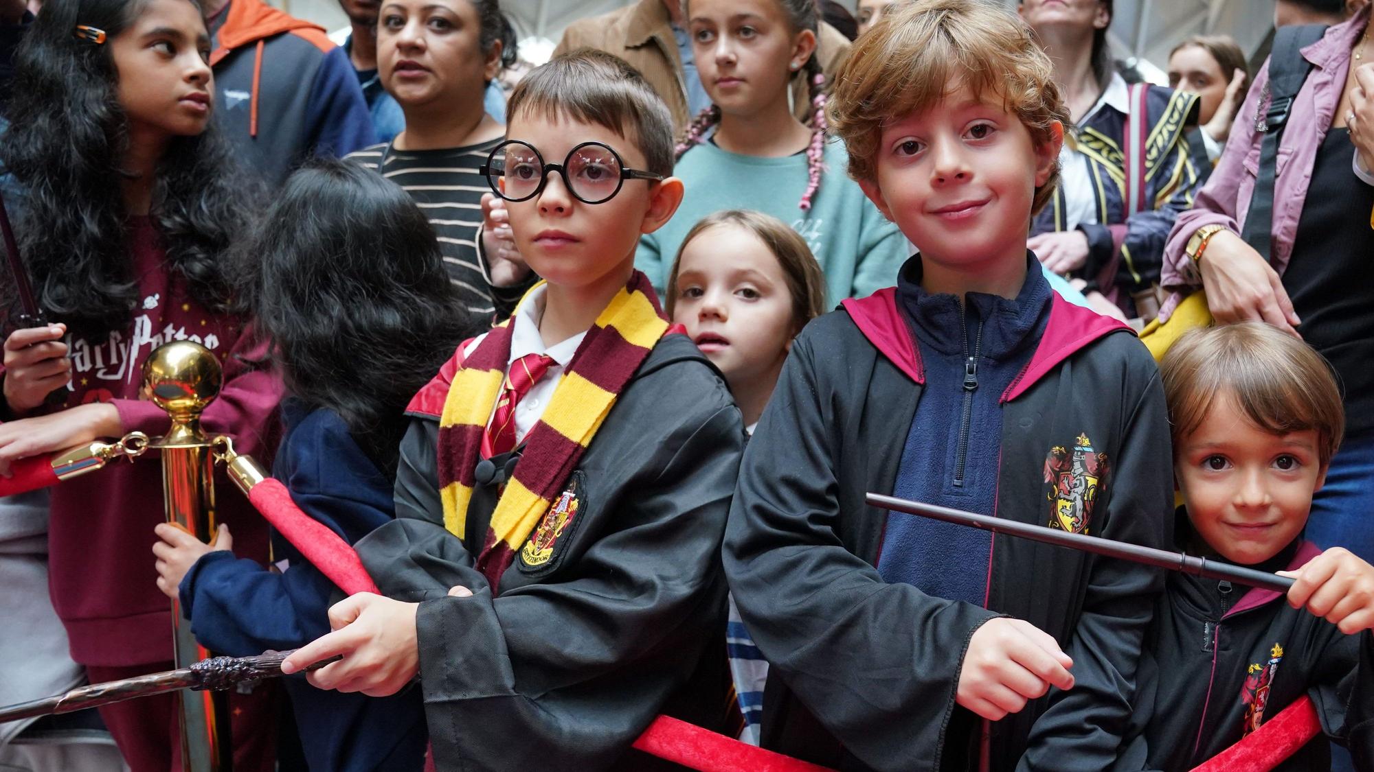 ARCHIV - 01.09.2023, Großbritannien, London: Harry-Potter-Fans versammeln sich während des jährlichen «Back to Hogwarts Day» am Bahnhof Kings Cross. Massenandrang auf Gleis 9 3/4. (zu dpa: ««Expecto patrol-man»: Polizeieinsatz in England wegen Harry-Potter-Fan») Foto: Lucy North/PA Wire/dpa +++ dpa-Bildfunk +++
