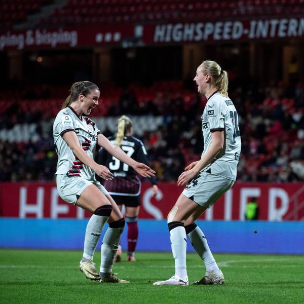Karolina Lea Vilhjalmsdottir Bayer 04 Leverkusen, 18, Emilie Bragstad Bayer 04 Leverkusen, 14 jubeln ueber das Tor zum 1:2, GER, FC Nuernberg vs Bayer 04 Leverkusen, Fussball Google Pixel Frauen Bundesliga, 13. Spieltag, Saison 2023/2024, 12.02.2024 DFB regulations prohibit any use of photographs as image sequences and/or quasi-video GER, FC Nuernberg vs Bayer 04 Leverkusen, Fussball Google Pixel Frauen Bundesliga, 13. Spieltag, Saison 2023/2024, 12.02.2024 Nuernberg *** Karolina Lea Vilhjalmsdottir Bayer 04 Leverkusen, 18 , Emilie Bragstad Bayer 04 Leverkusen, 14 celebrate the goal for 1 2, GER, FC Nuernberg vs Bayer 04 Leverkusen, Football Google Pixel Womens Bundesliga, Matchday 13, Season 2023 2024, 12 02 2024 DFB regulations prohibit any use of photographs as image sequences and or quasi video GER, FC Nuernberg vs Bayer 04 Leverkusen, Fußball Google Pixel Frauen Bundesliga, 13 Spieltag, Saison 2023 2024, 12 02 2024 Nuernberg Copyright: xEibner-Pressefoto/Memmlerx EP_MMR