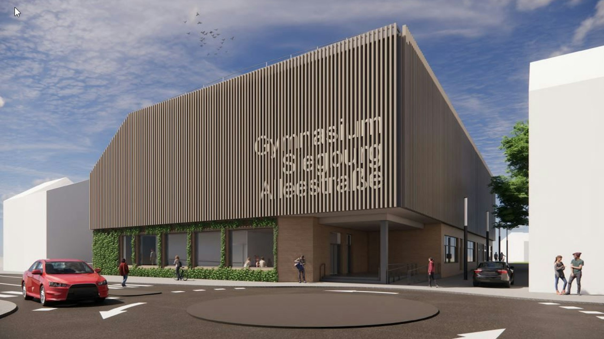 Computerentwurf für eine Sporthalle mit Holzverkleidung