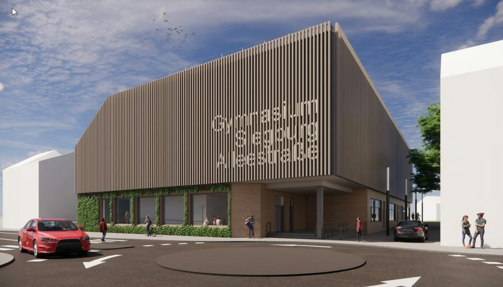 Entwurf für eine Turnhalle mit einer braunen gerippten Fassade