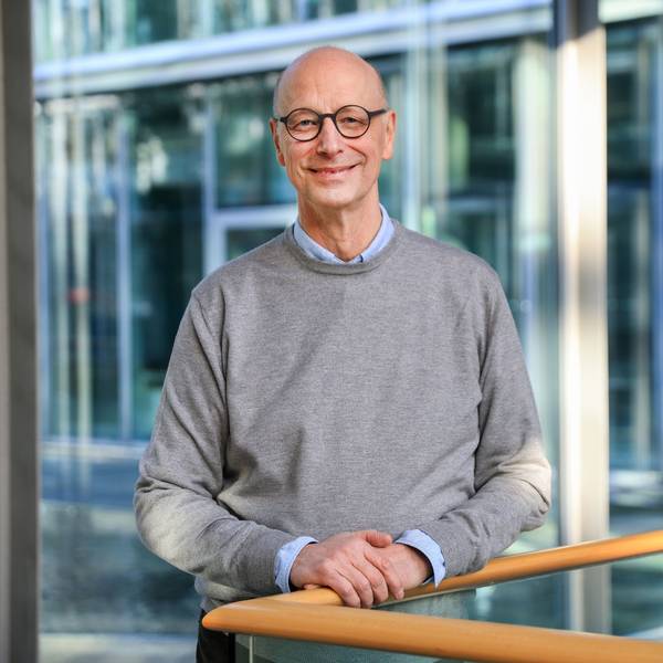 Porträt eines Mannes mit Brille, Glatze und grauem Pullover