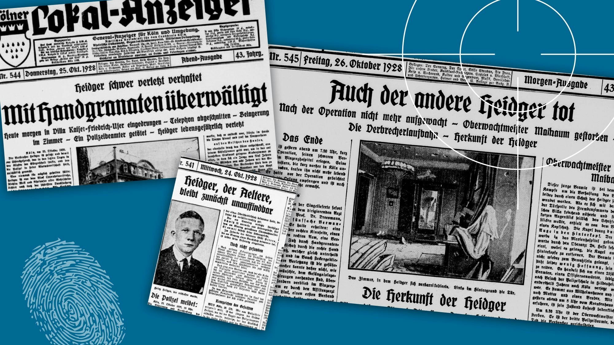 Die Flucht der mordenden Brüder Heitger nach Köln - in den Zeitungen mit „d“ geschrieben - sorgte für großen Medienrummel. Zu sehen sind Zeitungsausschnitte auf dem Oktober 1928