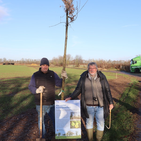 Zwei Männer halten ein Plakat und einen Baum.