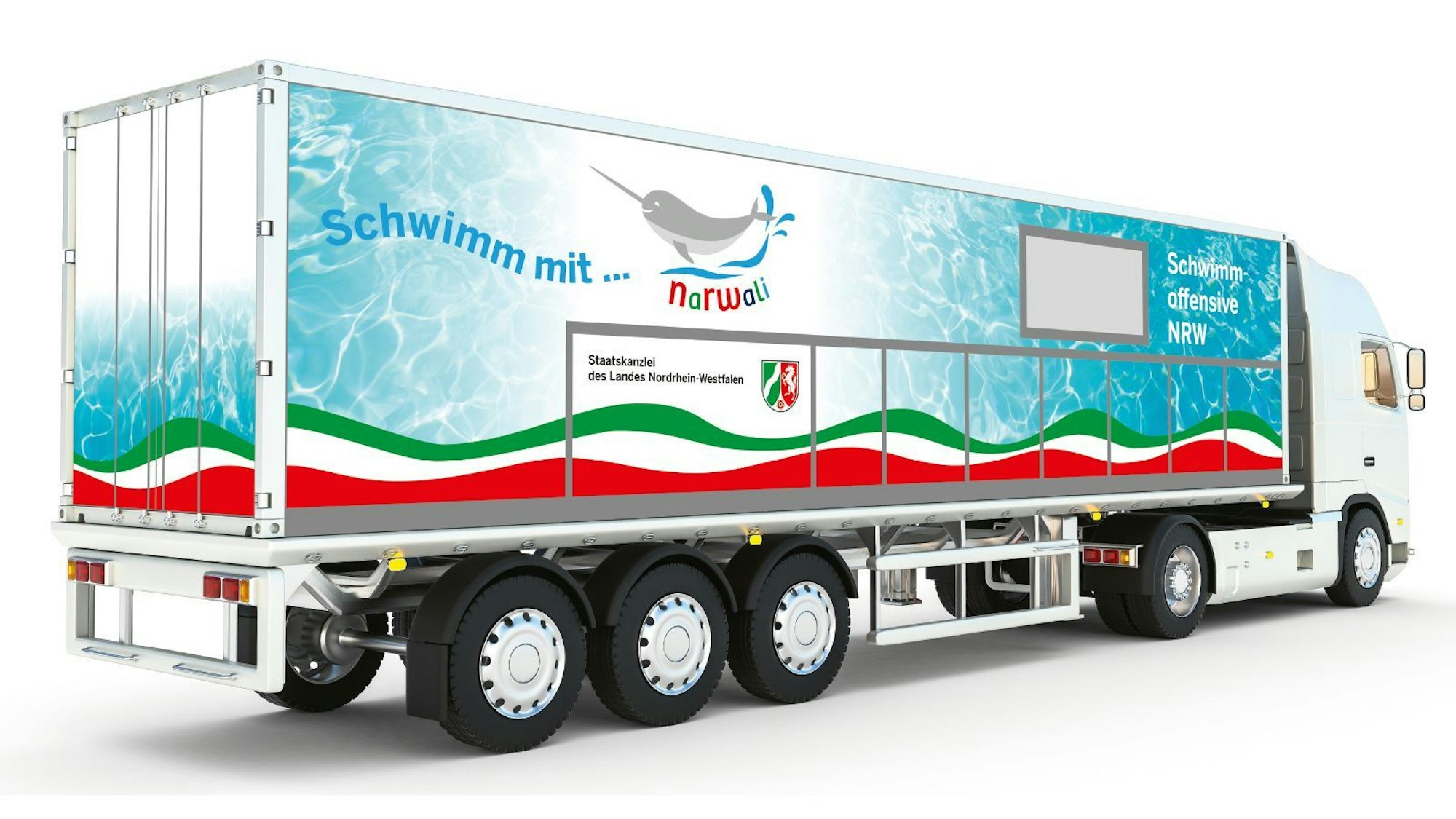 Die Grafik zeigt einen Narwali-Schwimmcontainer, der auf einem Lkw-Auflieger transportiert wird.