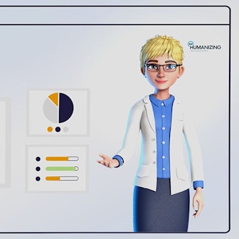 Virtueller, weiblicher Avartar in Arztkittel, der neben einer Grafik steht