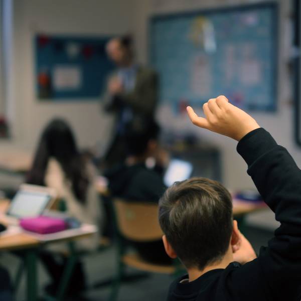 Ein Schüler hebt im Unterricht seine Hand hoch.