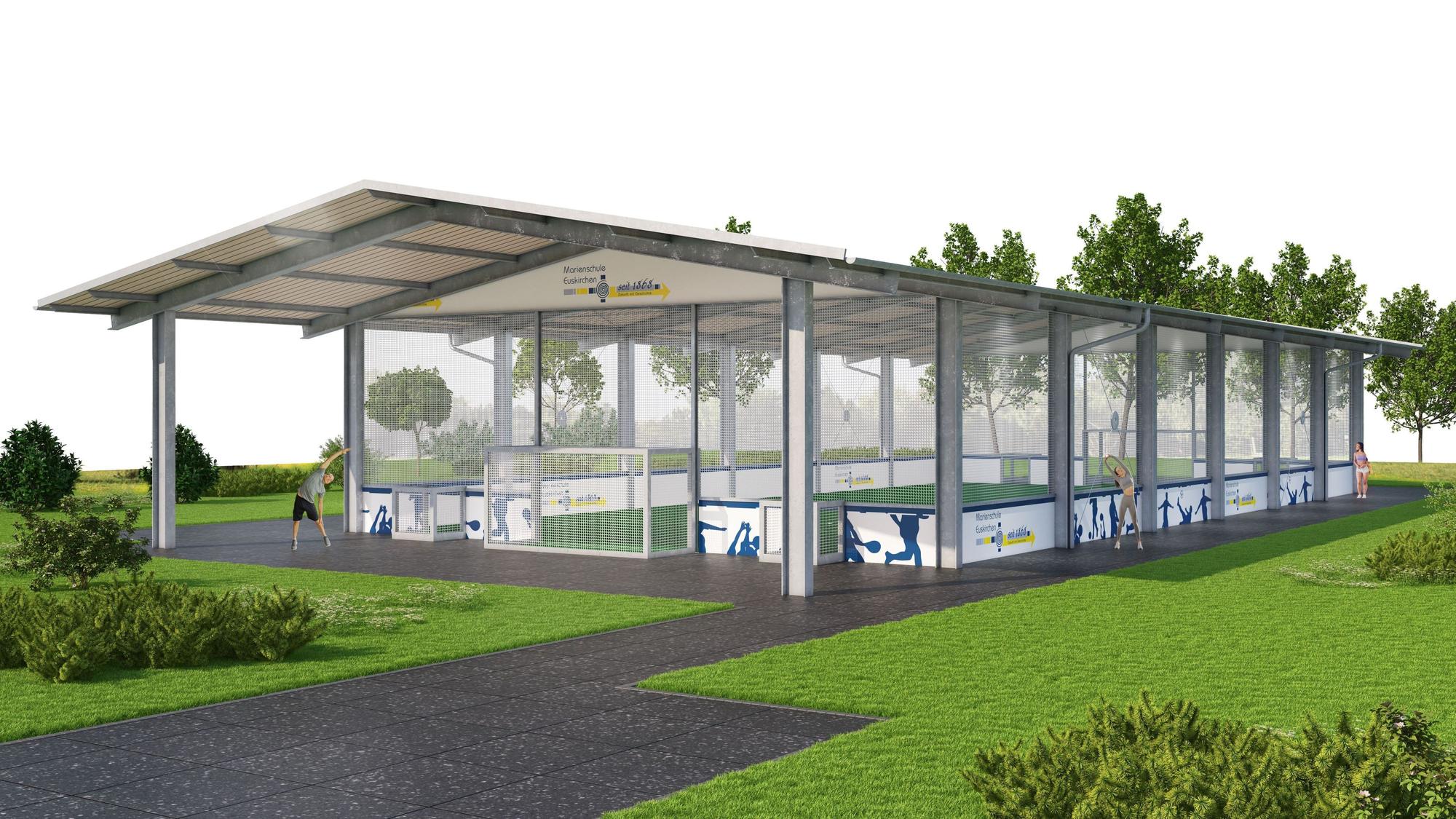 Eine Grafik zeigt die geplante Halle mit Kunstrasen und offenen Seiten. Das Dach ruht auf Pfeilern.