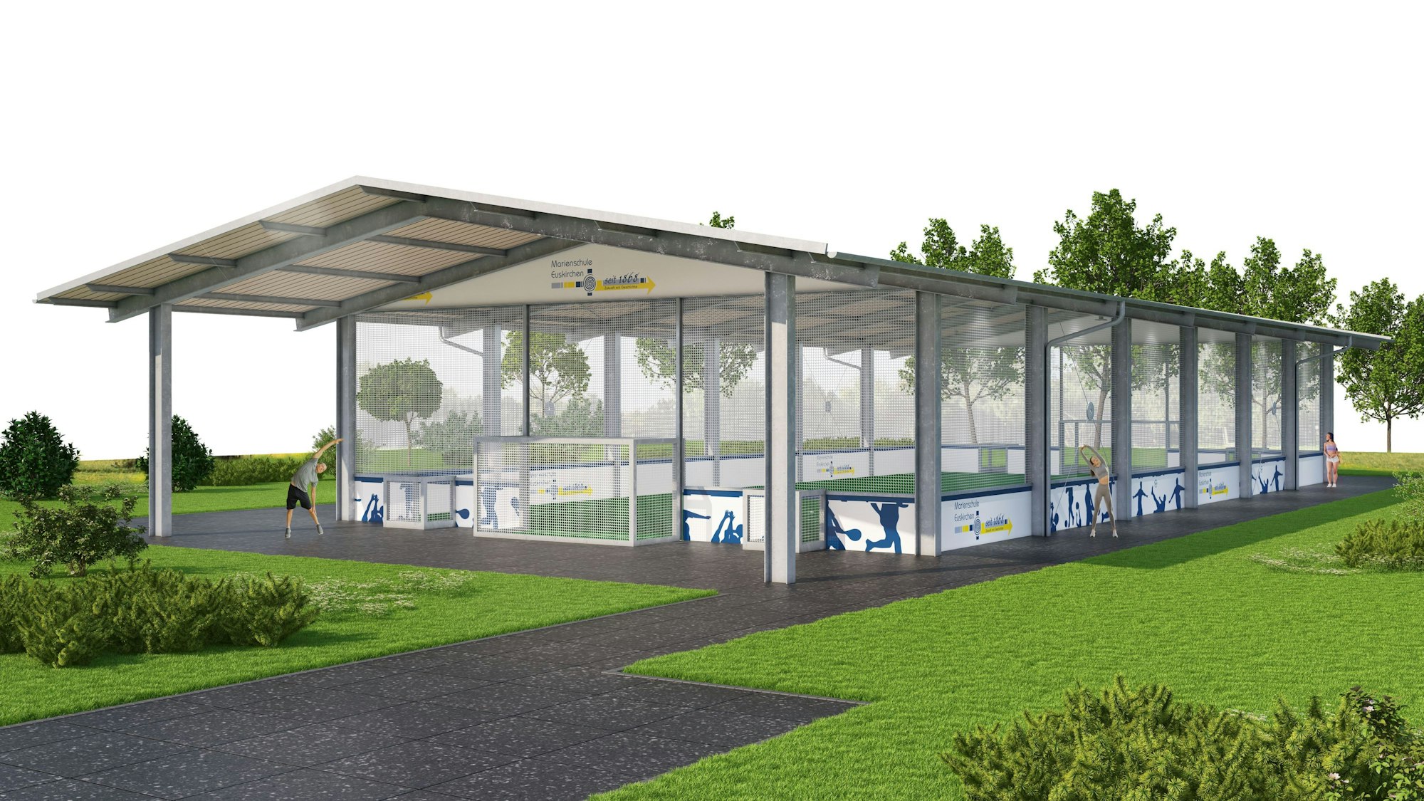 Eine Grafik zeigt die geplante Halle mit Kunstrasen und offenen Seiten. Das Dach ruht auf Pfeilern.