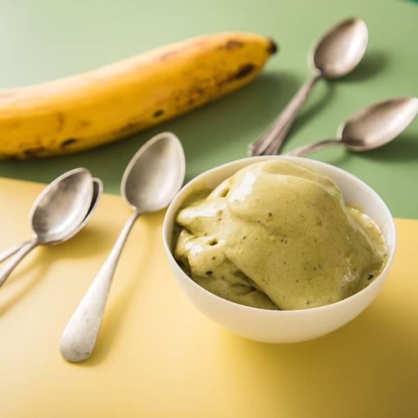 Matcha-Nice Cream in einer Schale, daneben kleine Löffel und eine Banane