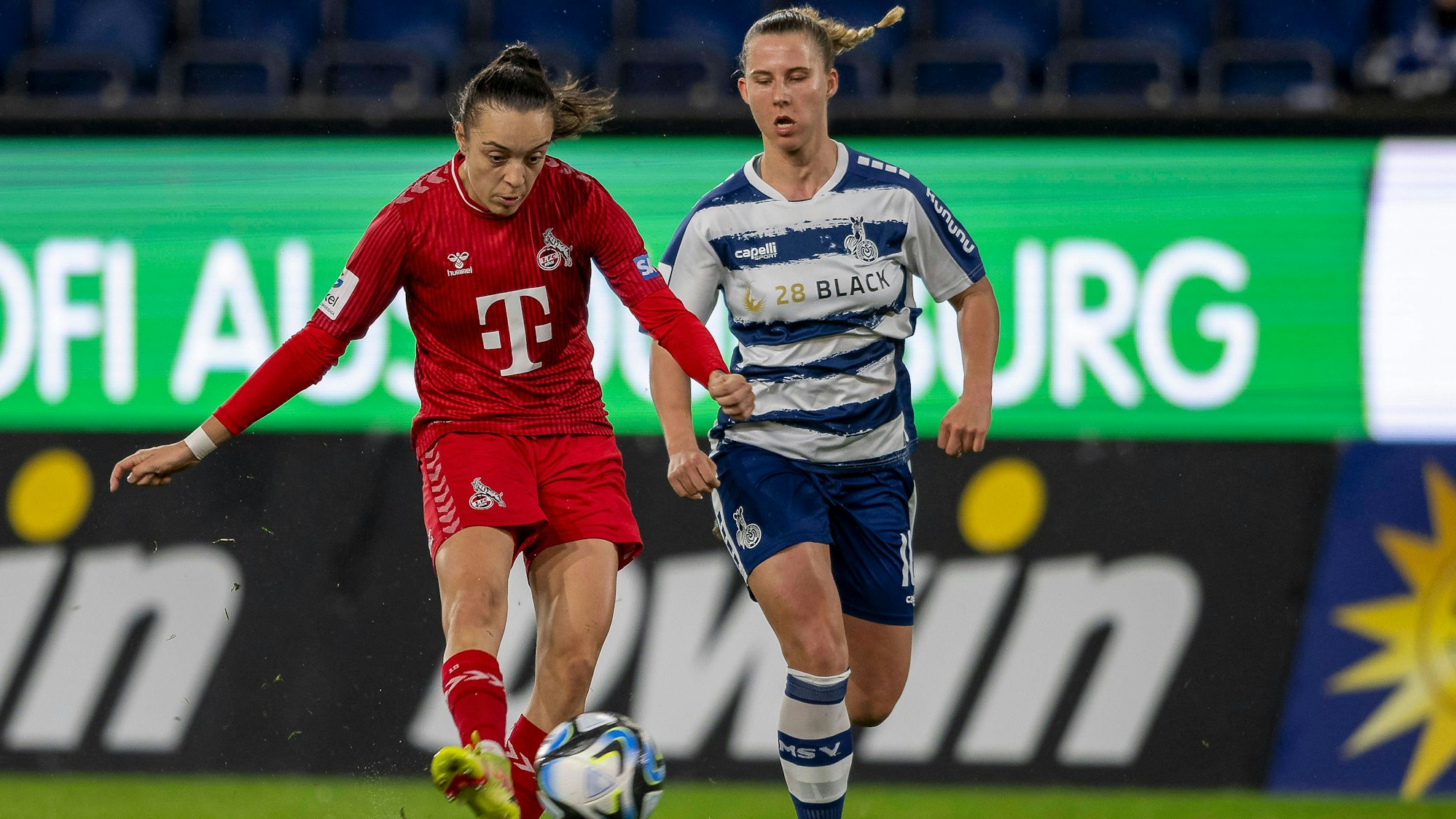 Natalia Padilla-Bidas 1. FC Koeln, 22 hat abgezogen und Meret Guenster MSV Duisburg, 10 kann nur zusehen. Fussball: Google Pixel Frauen-Bundesliga, Saison 2023/2024, 14. Spieltag, MSV Duisburg - 1. FC Koeln am 18.02.2024 in der Schauinsland-Reisen-Arena in Duisburg. Wichtiger Hinweis: Gemaess den Vorgaben der DFL Deutsche Fussball Liga bzw. des DFB Deutscher Fussball-Bund ist es untersagt, in dem Stadion und/oder vom Spiel angefertigte Fotoaufnahmen in Form von Sequenzbildern und/oder videoaehnlichen Fotostrecken zu verwerten bzw. verwerten zu lassen. Foto: Kirchner-Media/TH *** Natalia Padilla Bidas 1 FC Koeln, 22 has withdrawn and Meret Guenster MSV Duisburg, 10 can only watch Football Google Pixel Womens Bundesliga, Season 2023 2024, Matchday 14, MSV Duisburg 1 FC Koeln on 18 02 2024 at the Schauinsland Reisen Arena in Duisburg Important notice According to the regulations of the DFL German Football League or the DFB German Football Association, it is prohibited, to exploit or have exploited photographs taken in the stadium and / or of the match in the form of sequential images and / or video-like photo series Foto Kirchner Media TH Copyright: xKirchner-Media/THx