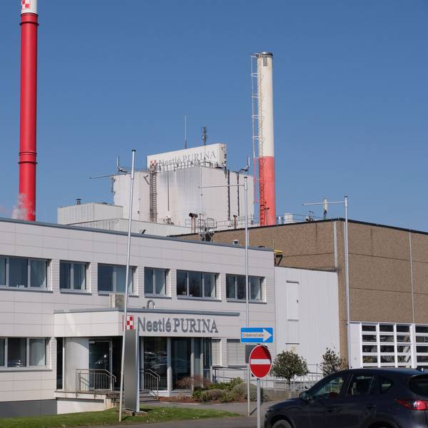 Das Bild zeigt den Eingang zum Verwaltungstrakt der Fabrik, im Hintergrund zwei Schornsteine.