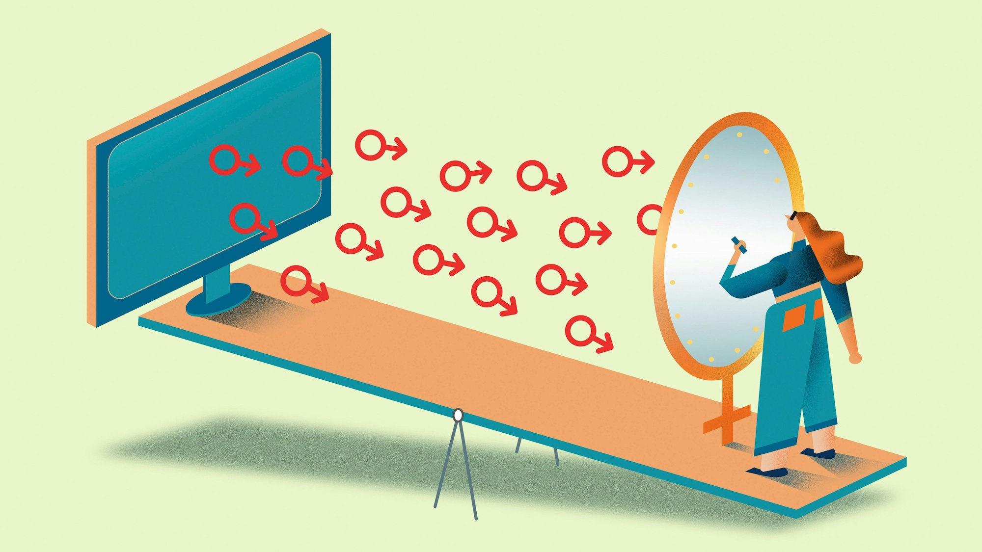 Frau schützt sich mit einem Schild mit weiblichem Symbol gegen männliche Frauenfeindlichkeit im Internet.