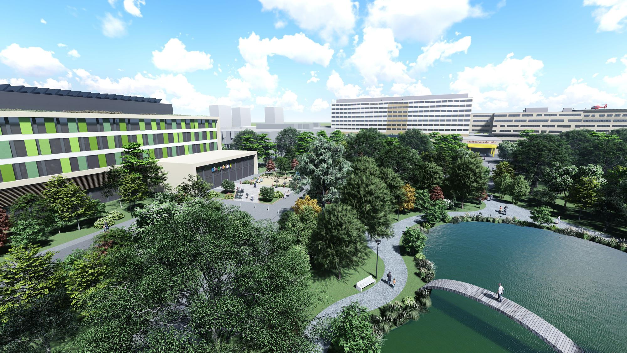 Die Visualisierung zeigt den neuen Campus in Merheim, rund um einen See sind Bäume und Gebäude zu sehen.