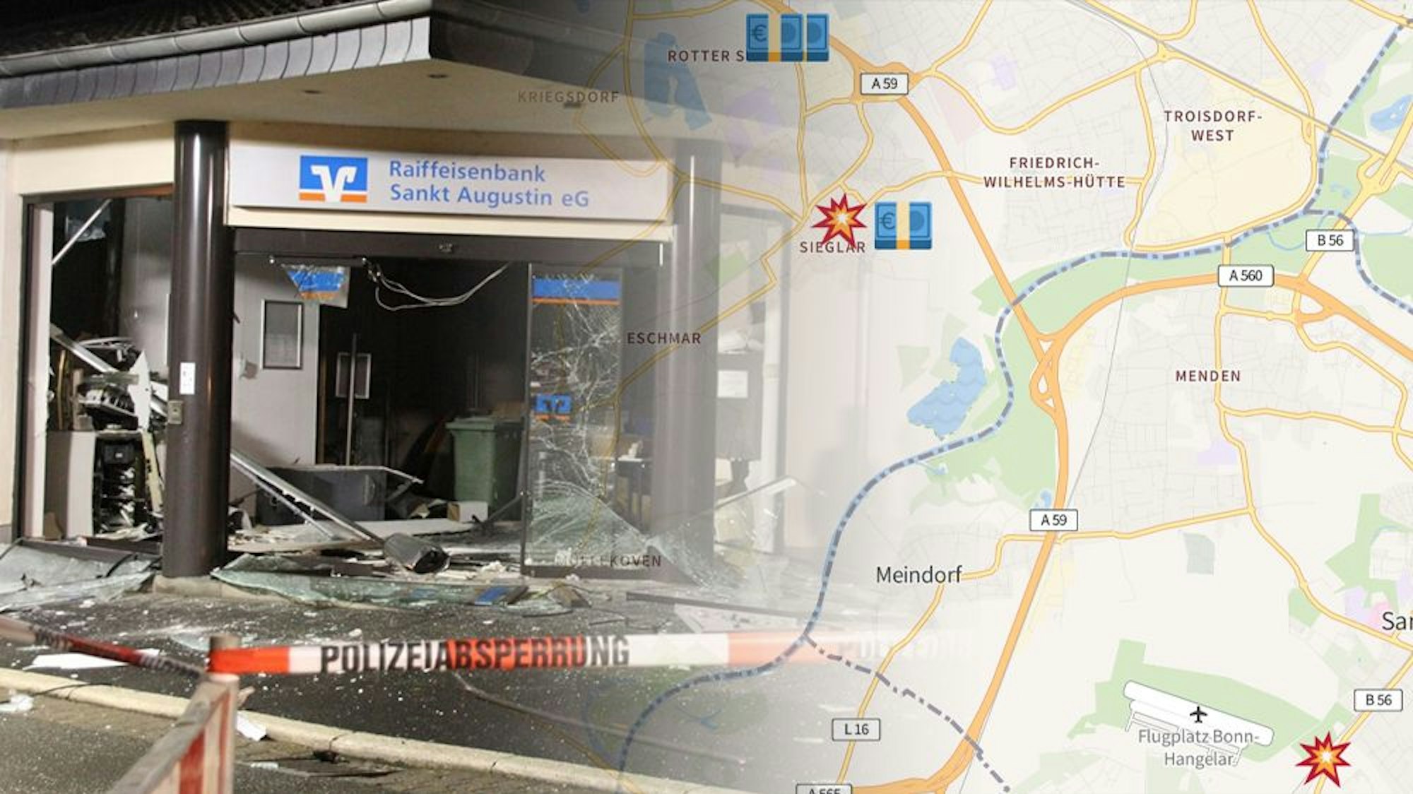 Wie gewaltig die Sprengkraft sein kann, zeigt sich beim Blick auf das Trümmerfeld an der Raiffeisenbank in Sankt Augustin (l.).