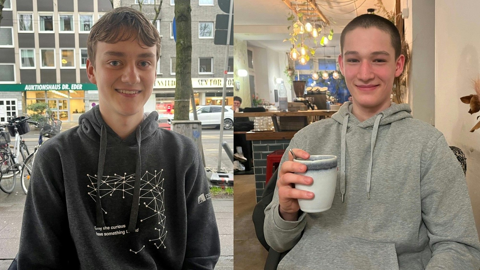 Zwei Schüler die in die Kamera lächeln.