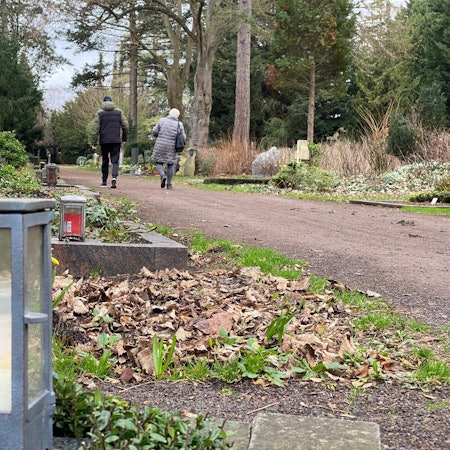 Zu sehen ist der Brühler Südfriedhof, im Vordergrund steht ein Grablicht.