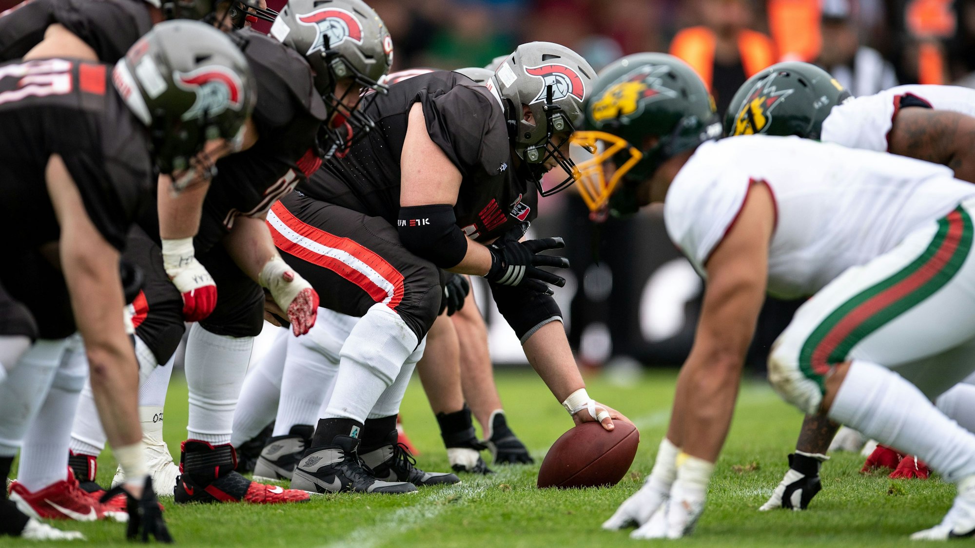 Spieler der Cologne Centurions und der Barcelona Dragons stehen sich an der Line of Scrimmage gegenüber. (Archivbild)