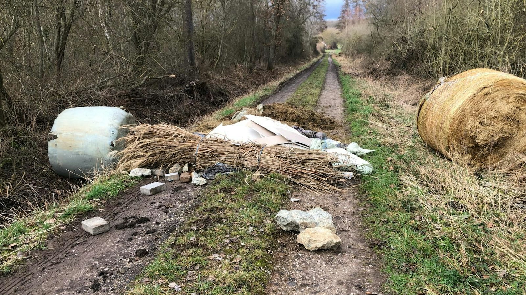 Auf einem Feldweg im Wäldchen des Kalkarer Moores liegt illegal entsorgter Müll.
