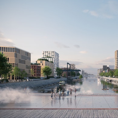 Domblick: Der Deutzer Hafen rund um das Hafenbecken wird bebaut, es soll auch ein Rheinbad geben.