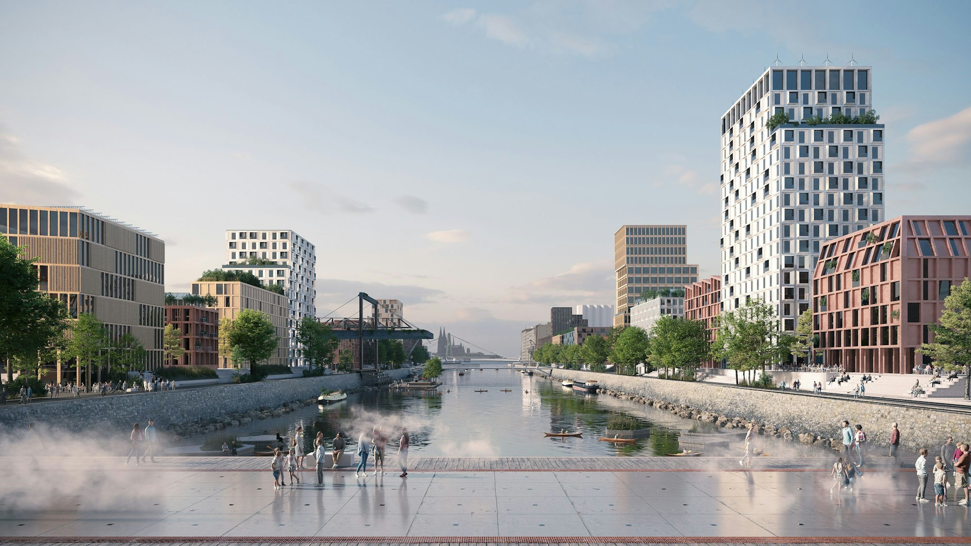Die Visualisierung zeigt, wie der umgebaute neue Deutzer Hafen einmal in etwa zehn Jahren aussehen soll.