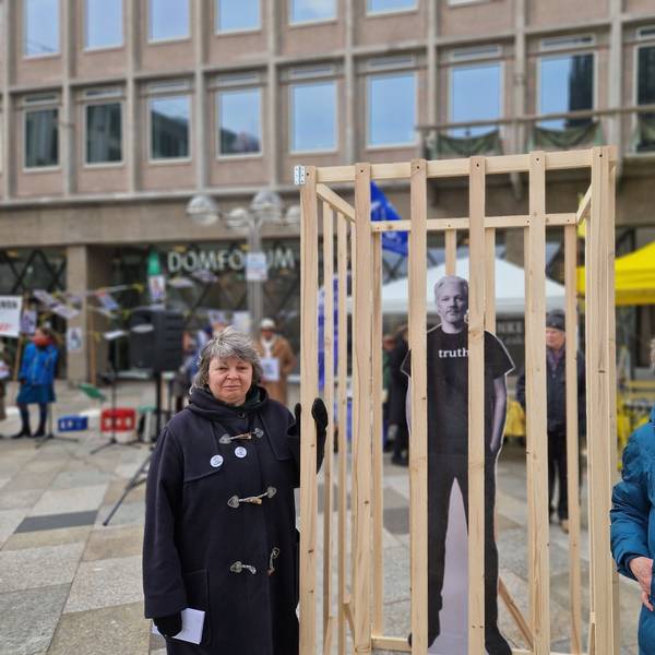 Zwei Frauen stehen zwischen einem eingegitterten Plakat von Julian Assange.