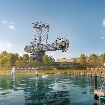 Ein Braunkohlebagger erinnert im Jahr 2070 am Ufer des Hambachsees an die Geschichte des Tagebaus Hambach. Visualisierung