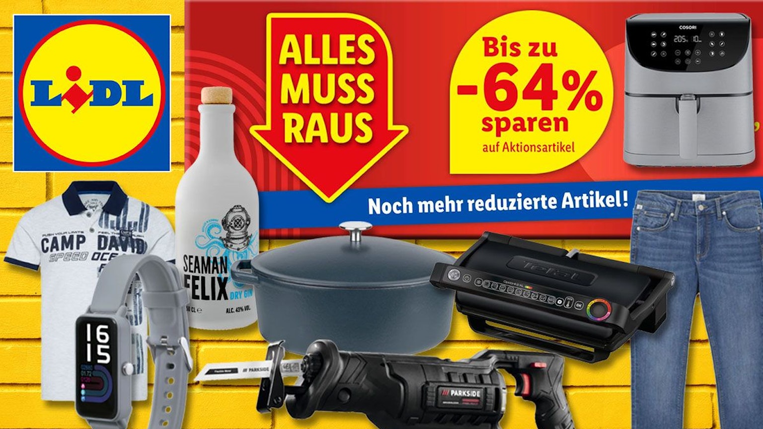 Produkte im Lidl „Alles muss raus“ Sale wie Cosori Heißluftfitteuse, Tefal Optigrill, Parkside Werkzeug, Camp David Shirt vor gelber Backsteinwand.