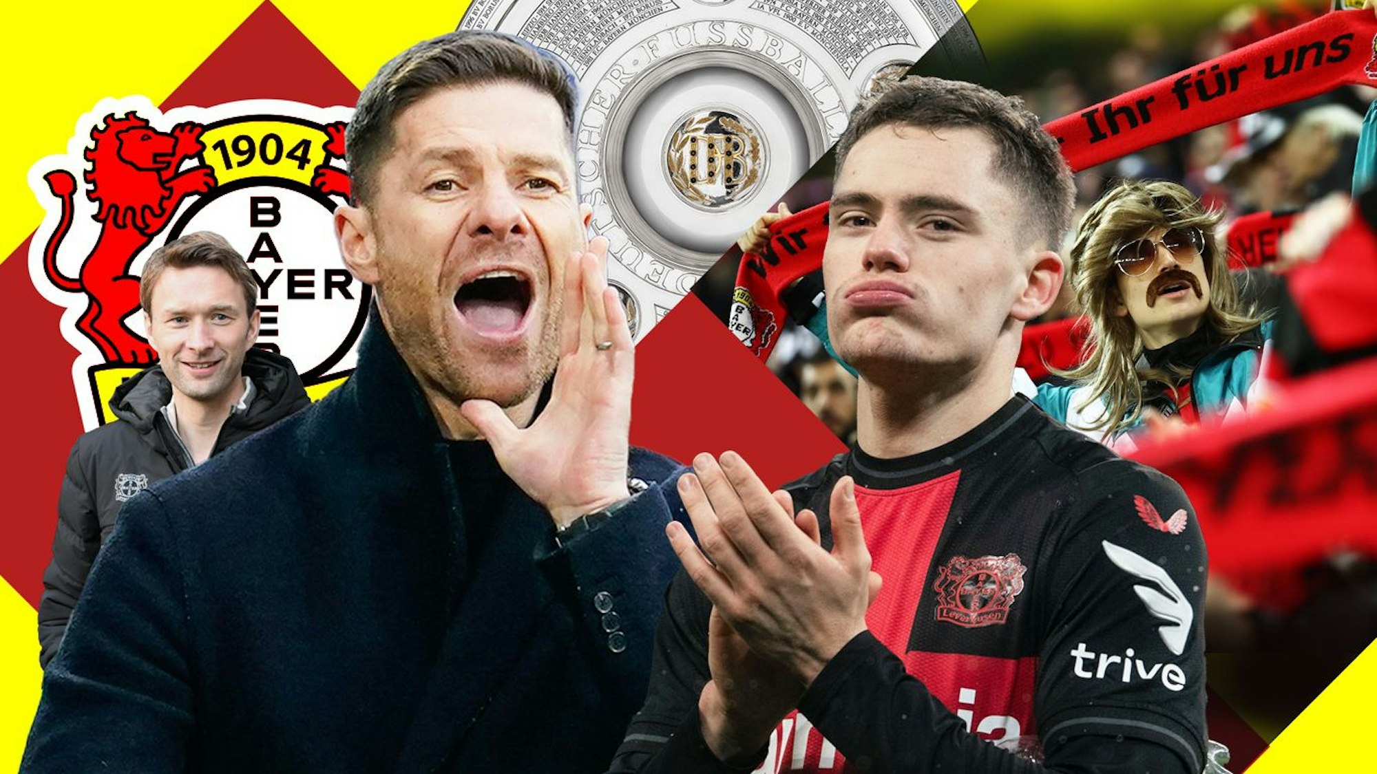 Montage: Sportdirektor Simon Rolfes, Cheftrainer Xabi Alonso und Spieler Florian Wirtz.
