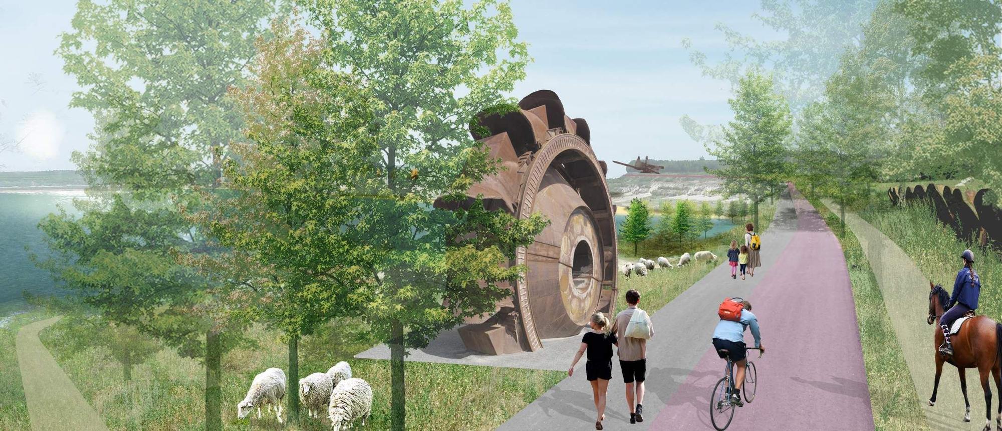 Der Hambach Loop soll Anfang der 2030er Jahre die 8500 Hektar große Fläche des ehemaligen Tagebaus umschließen zu verschiedenen Freizeitaktivitäten dienen. Visualisierung