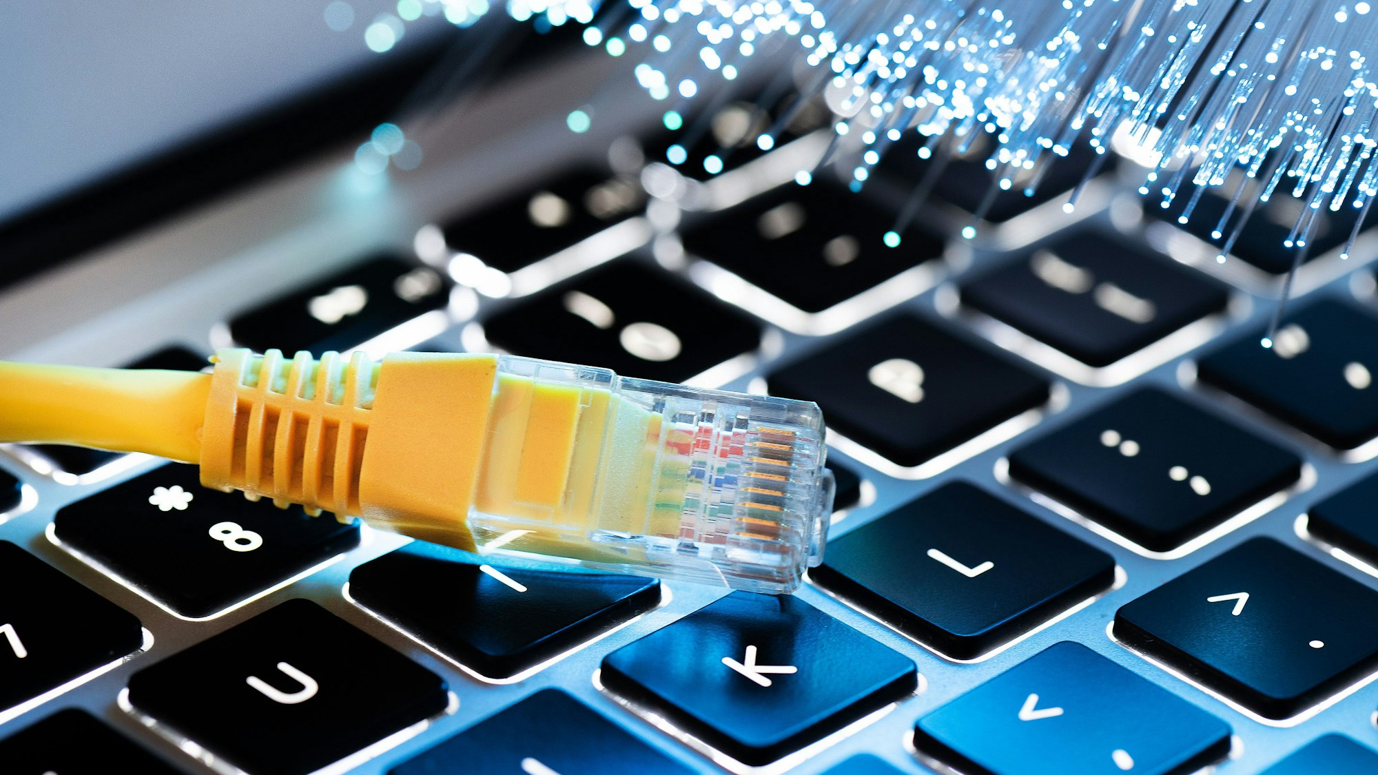 Ein LAN-Kabel liegt auf einer Laptop-Tastatur, im Hintergrund sind Glasfaserkabel zu sehen.