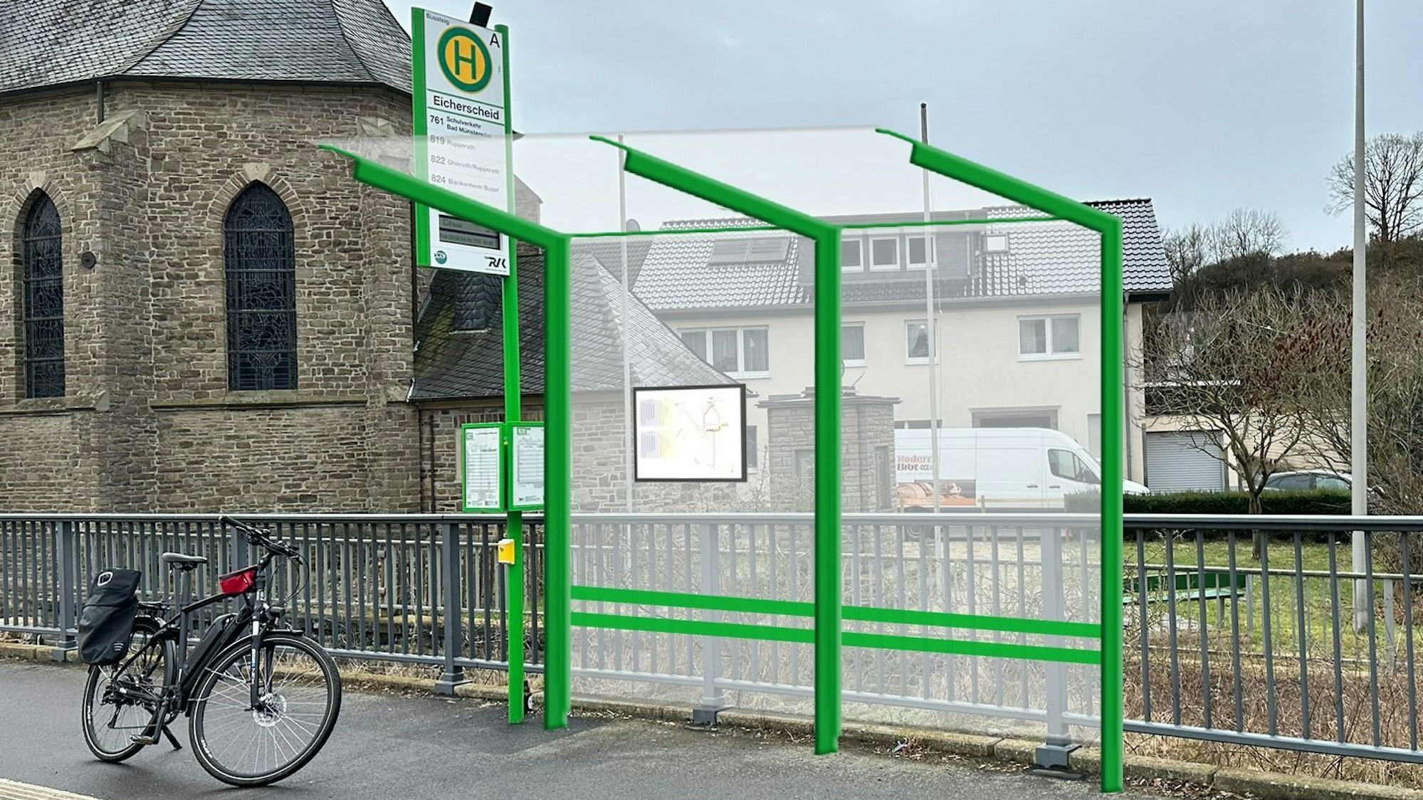 In der Fotomontage wird gezeigt, wie das Buswartehäuschen aussehen könnte. Im Hintergrund die Eicherscheider Kirche.
