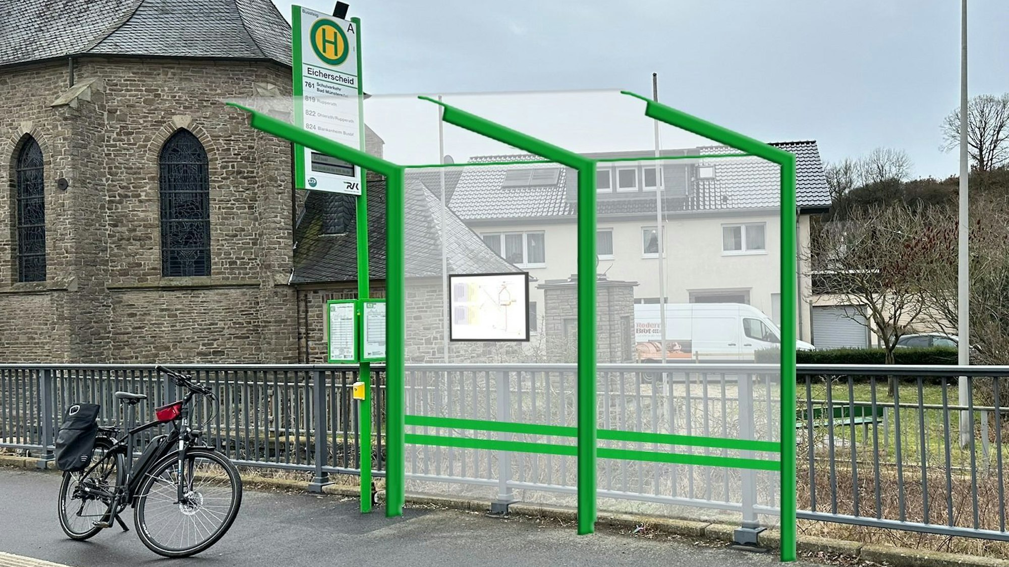 In der Fotomontage wird gezeigt, wie das Buswartehäuschen aussehen könnte. Im Hintergrund die Eicherscheider Kirche.
