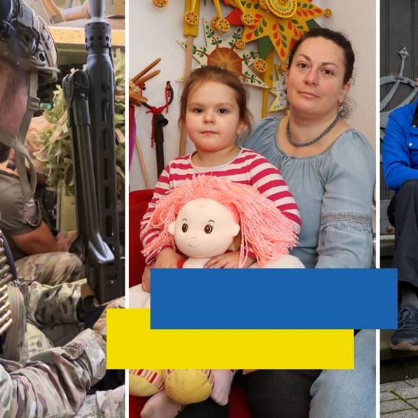 Ukrainekrieg: Ein Soldat, eine Mutter mit Tochter auf dem Schoß und ein junger Mann mit Beinprothese sind in einer Foto-Collage zu sehen.