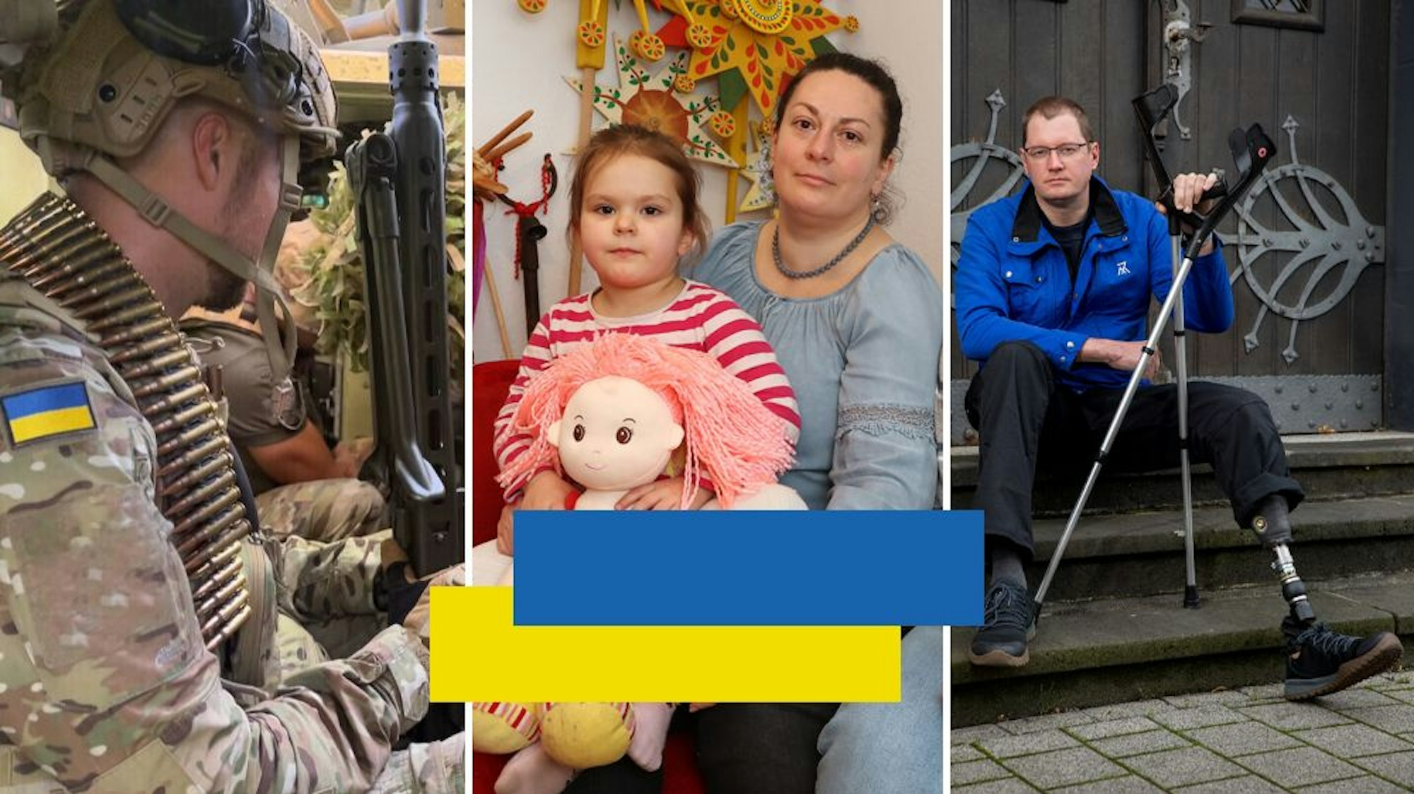 Ukrainekrieg: Ein Soldat, eine Mutter mit Tochter auf dem Schoß und ein junger Mann mit Beinprothese sind in einer Foto-Collage zu sehen.