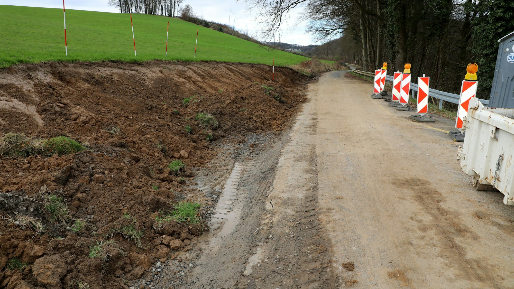 An einer Straße wird ein Hang abgetragen, auf der Straße stehen Warnbaken.