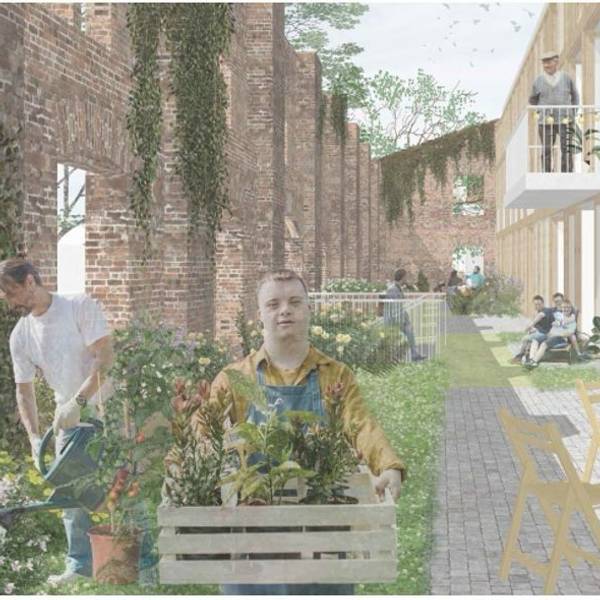 Eine Visualisierung zeigt Menschen, die sich in einem mehrgeschossigen Gebäude aufhalten oder im Draußenbereich den Garten versorgen.