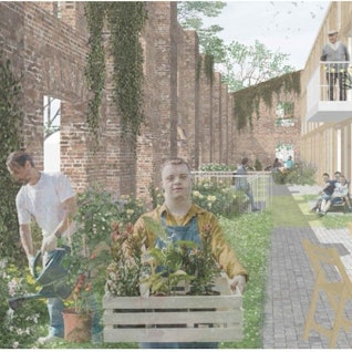 Eine Visualisierung zeigt Menschen, die sich in einem mehrgeschossigen Gebäude aufhalten oder im Draußenbereich den Garten versorgen.
