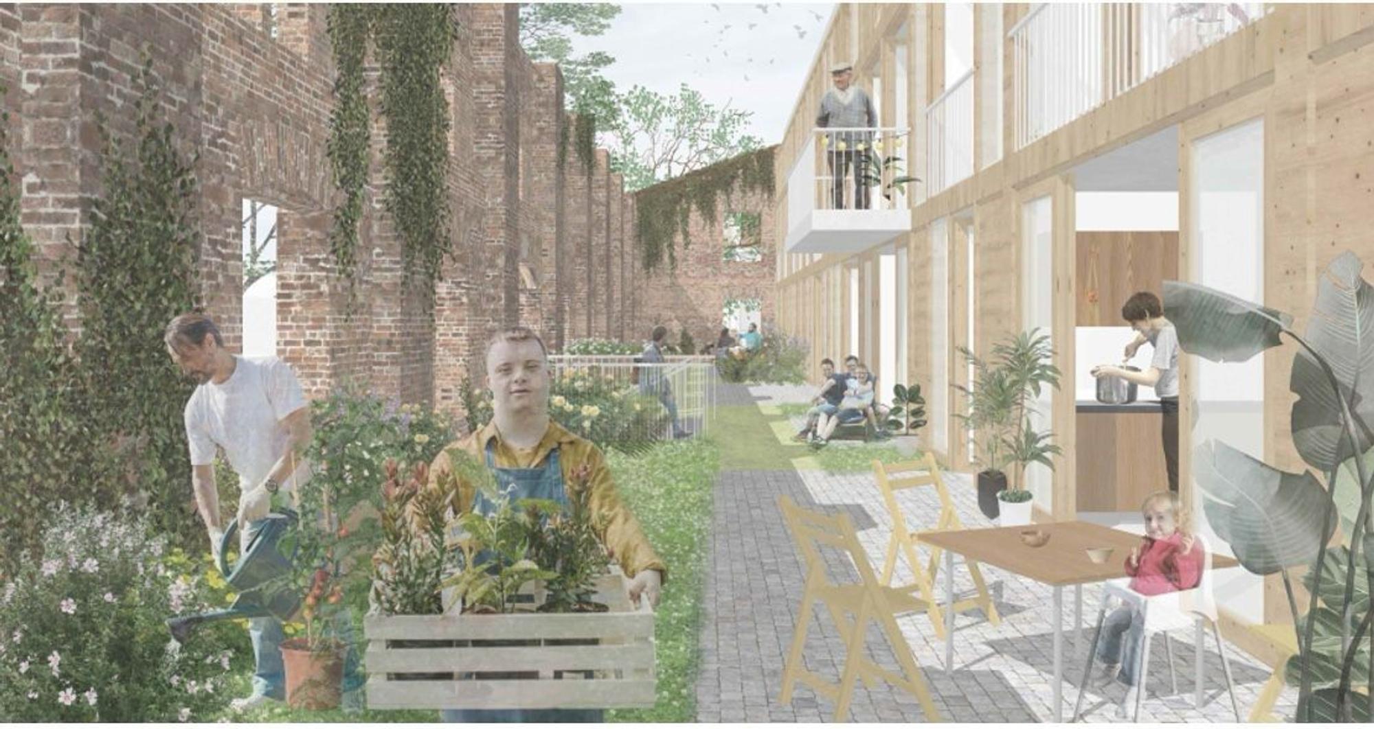 Eine Visualisierung zeigt Menschen, die sich in einem mehrgeschossigen Gebäude aufhalten oder im Draußenbereich den Garten versorgen.