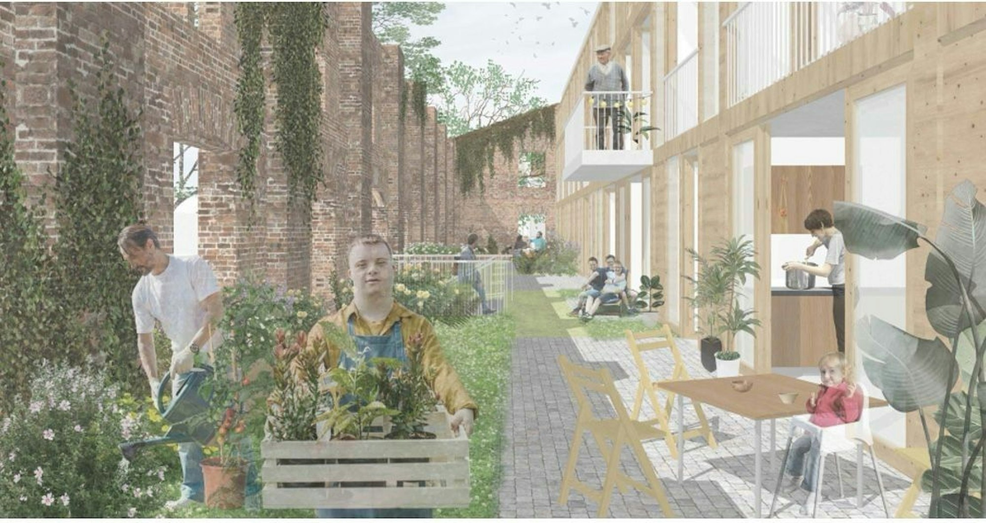 Eine Visualisierung zeigt Menschen, die sich in einem mehrgeschossigen Gebäude aufhalten oder im Draußenbereich den Garten versorgen.