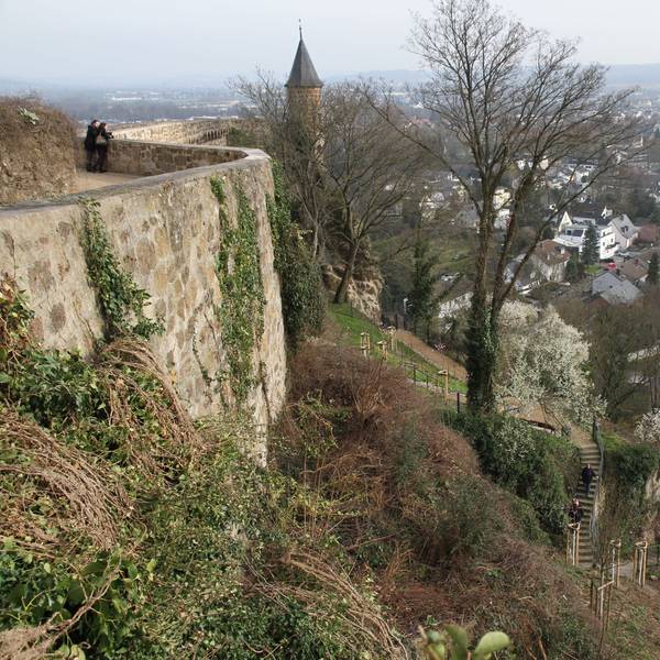 Blick auf eine Befestigungsmauer und hinunter in ein Parkanlage.