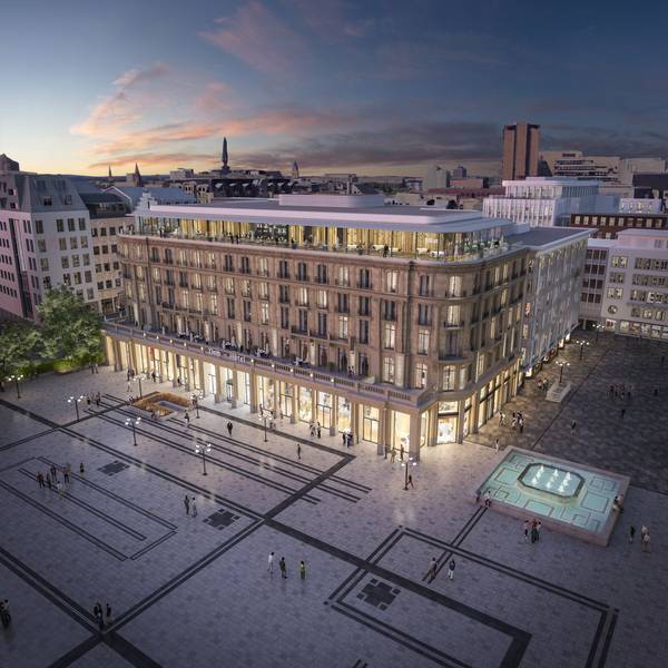 Die Visualisierung zeigt den Blick auf das neue Dom-Hotel mit Skybar.
