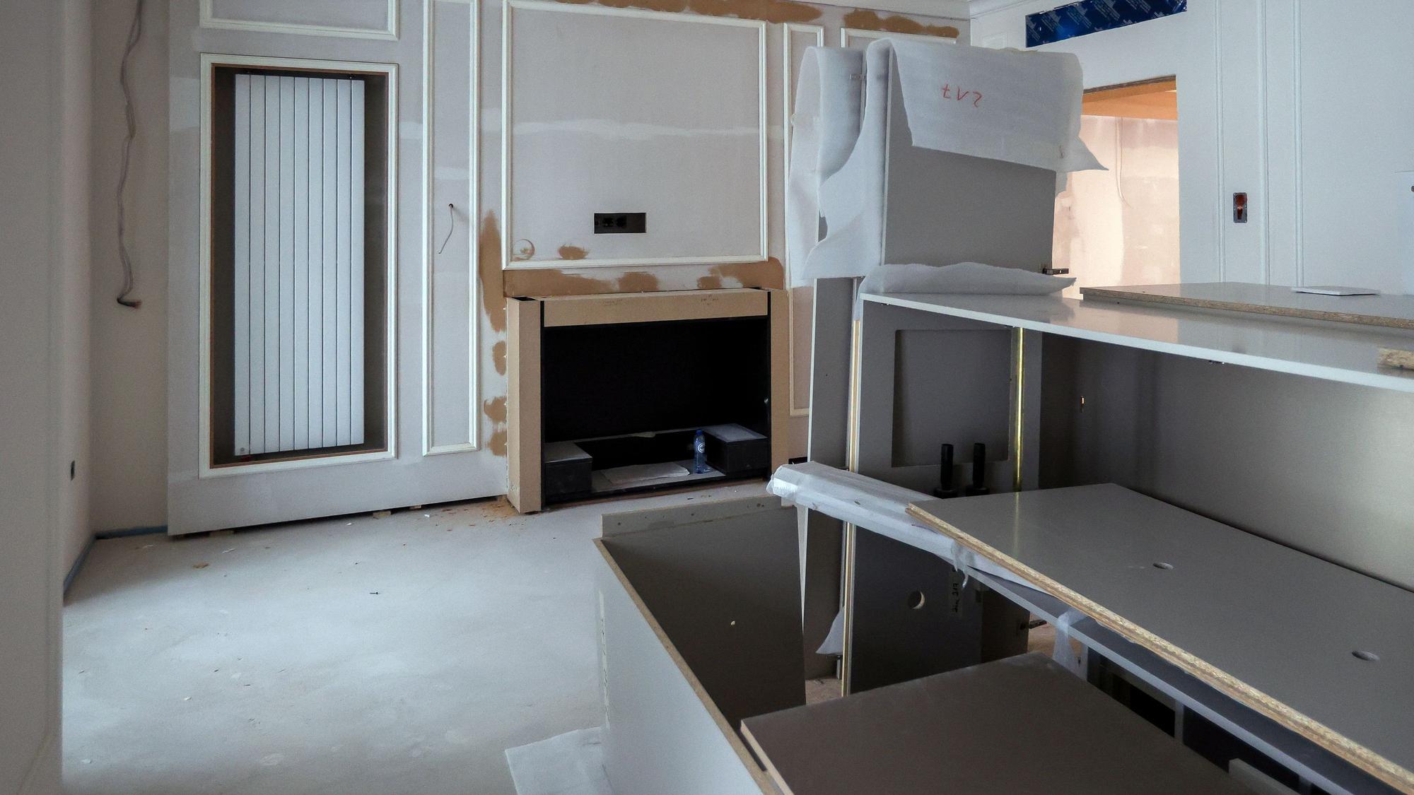 Das Bild zeigt ein Hotelzimmer, das sich noch im Bau befindet. Zu sehen sind eine Auslassung für den Kamin und eine Heizung sowie einige im Raum stehende Möbel.