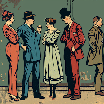 Illustration: Menschen sprechen im Stil einer 1920er-Jahre-Karikatur miteinander