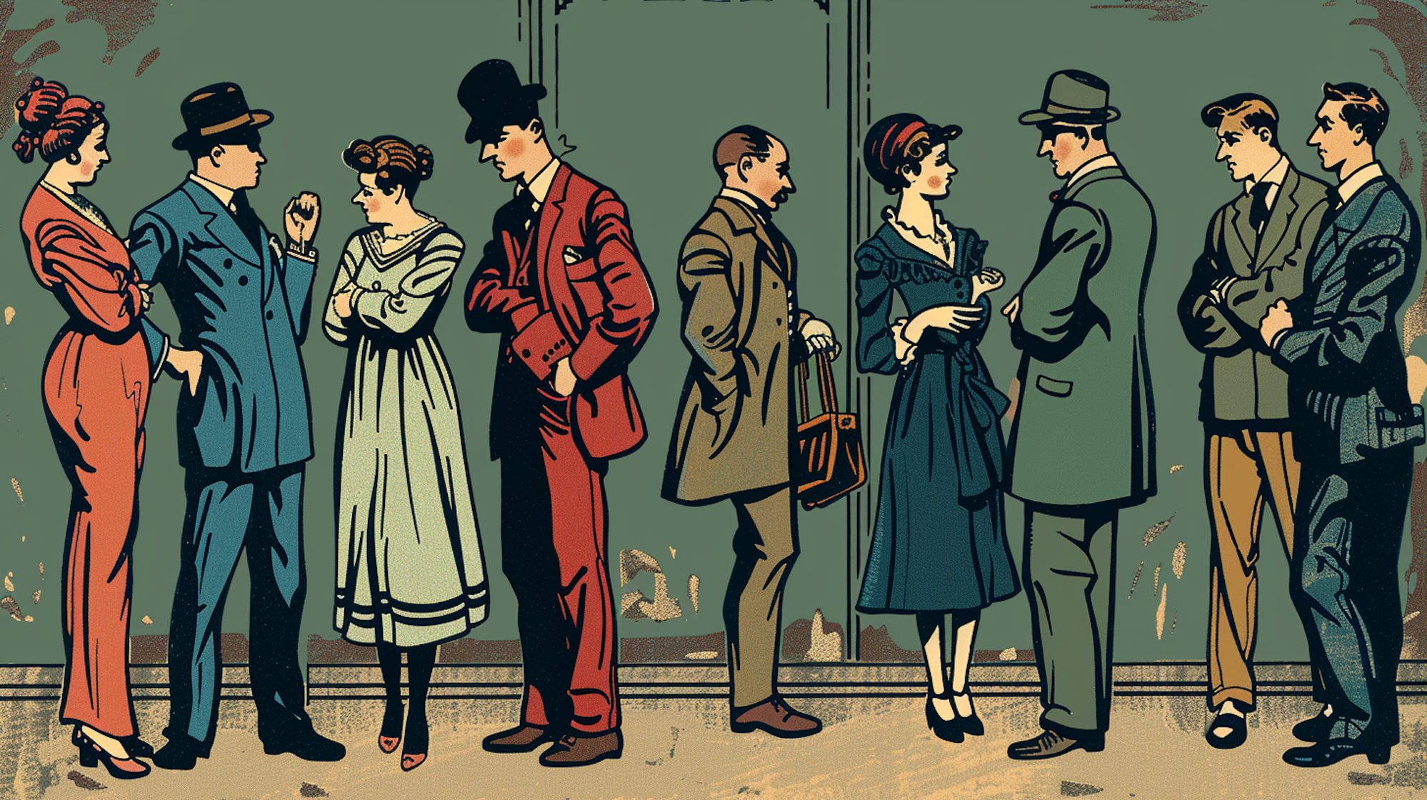 Illustration: Menschen sprechen im Stil einer 1920er-Jahre-Karikatur miteinander