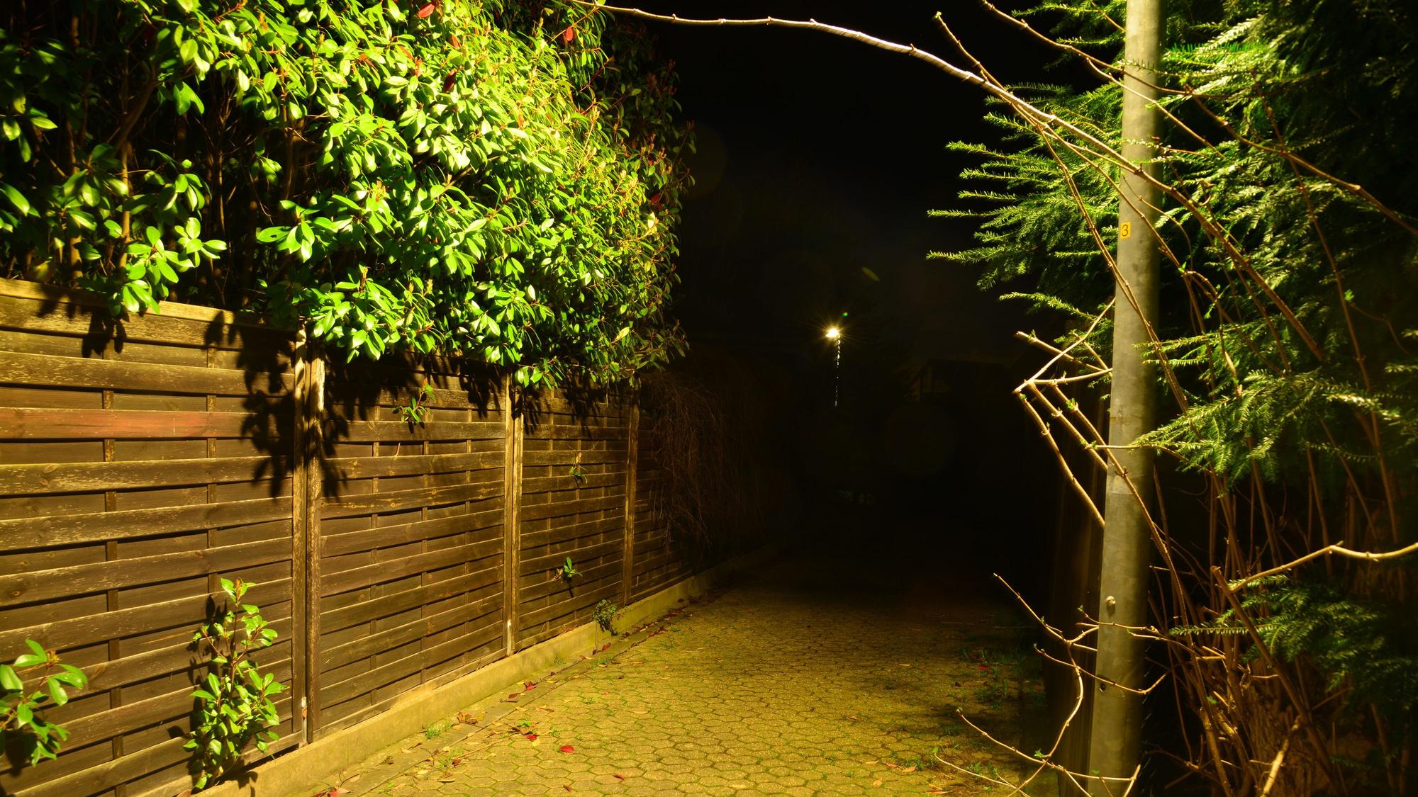 Eine Gasse führt ins Dunkle.