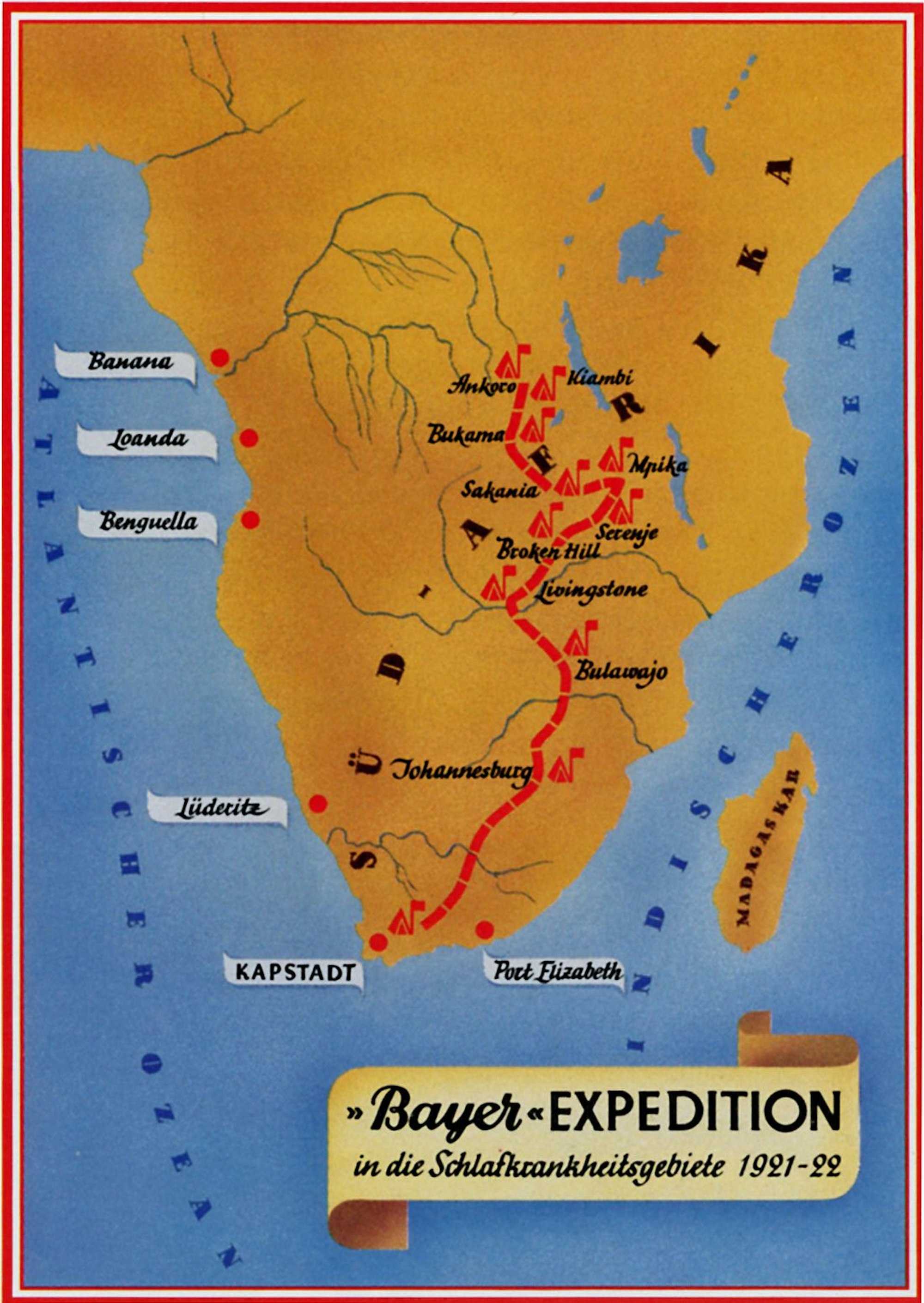 Route der Bayer-Expedition in die Schlafkrankheitsgebiete 1921/22.