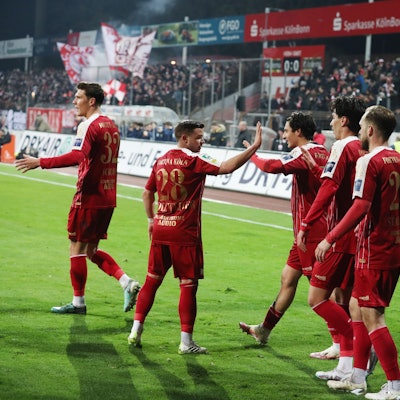 SC Fortuna Köln vs. 1. FC Düren, Mittelrheinpokal, Bitburger Pokal, Jubel nach dem Tor zum 1:0 durch Leon Demaj   
(Fortuna), 27.02.2024, Bild: Herbert Bucco